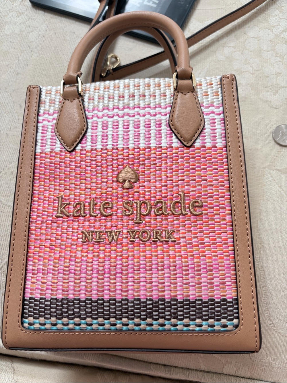 Kate Spade Ellie Straw and leather Mini Tote Crossbody Bag Pink multi NWT